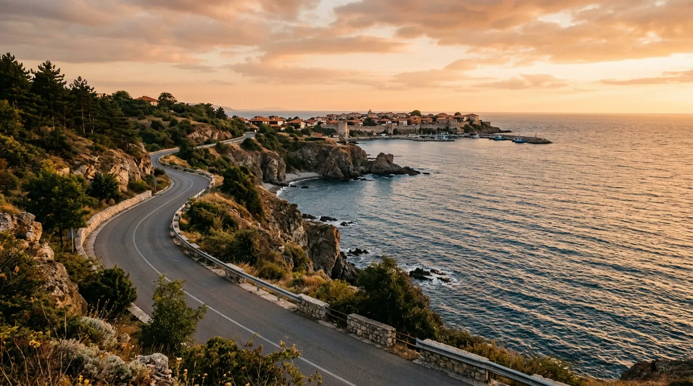 Побережье Чёрного моря возле Созополя — вид с прибрежной дороги