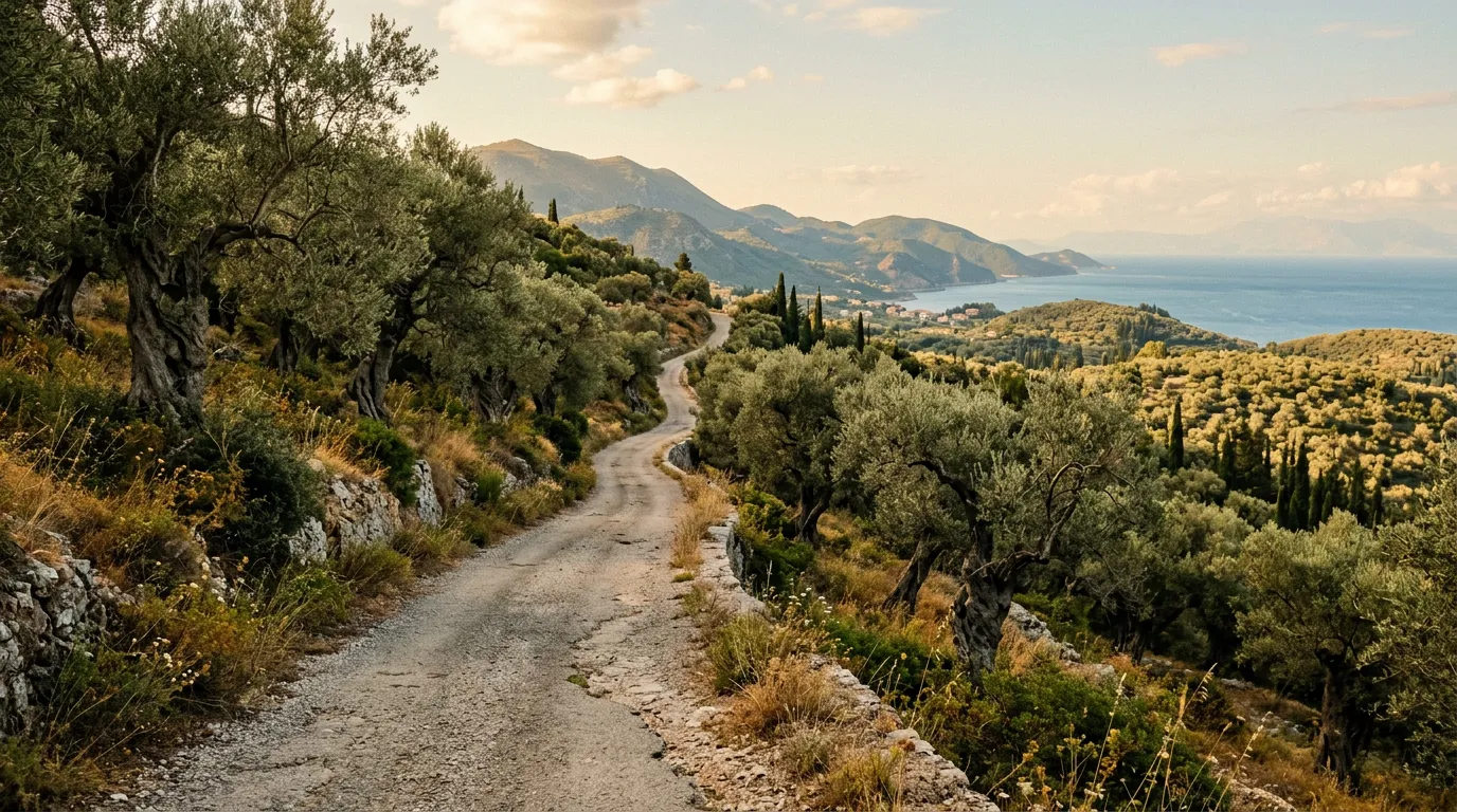 Узкая горная дорога на Корфу с оливковыми деревьями по бокам