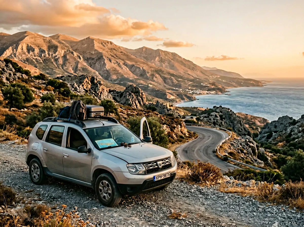 Водитель осматривает арендованный автомобиль перед поездкой по горным дорогам Крита