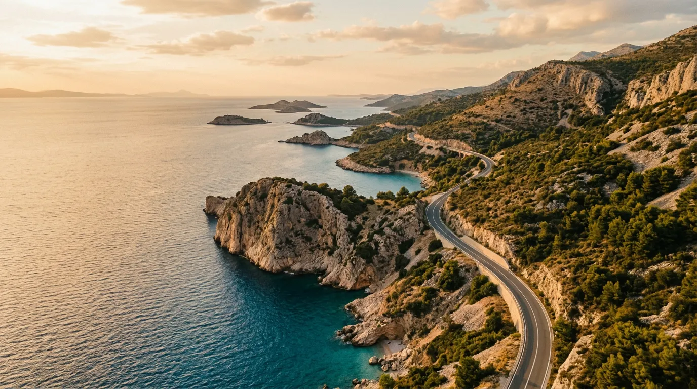 Извилистая прибрежная дорога Jadranska Magistrala с видом на Адриатическое море