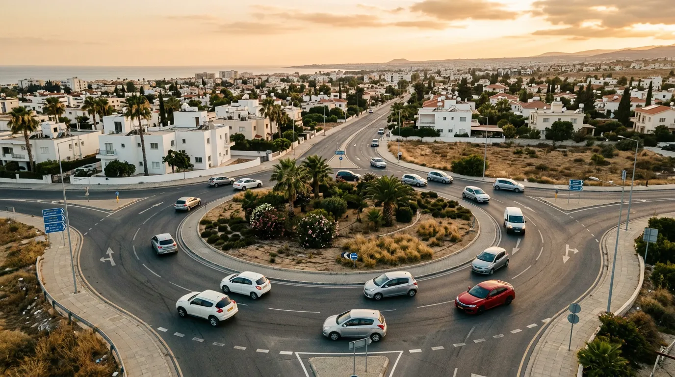 Круговой перекрёсток на Кипре — движение по часовой стрелке