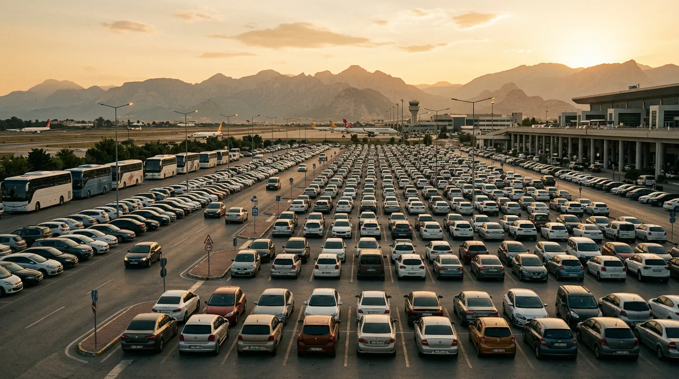 Загруженная парковка в аэропорту Антальи в разгар сезона