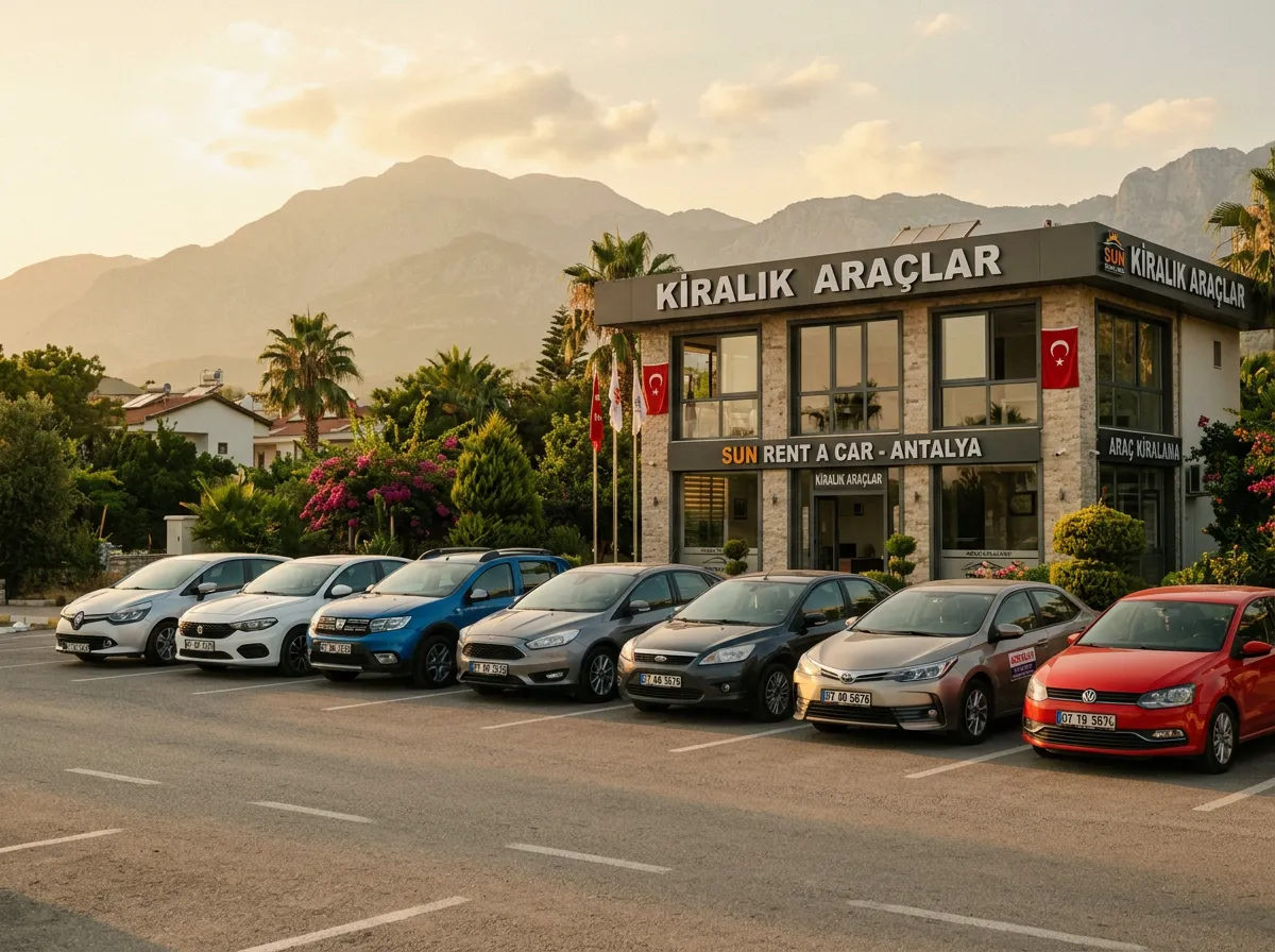 Прокатные автомобили в ряд на парковке перед офисом в Анталье
