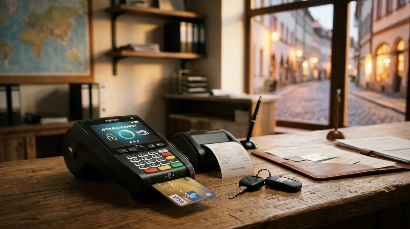 Терминал оплаты на стойке проката — момент заморозки залога